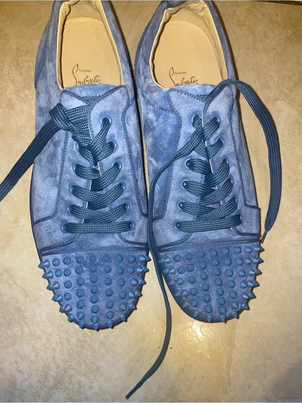Blue Christian Louboutin Spiked Toe Suede Sneakers